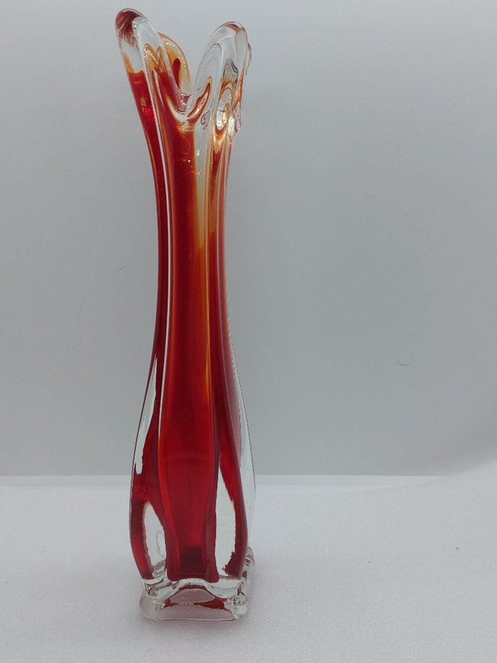 Vintage Clear & Red Glass 10" Vase Four Finger Ruffle